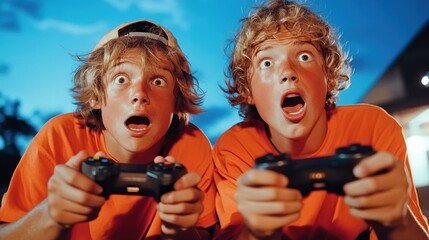 Two boys holding video game controllers with their mouths open, AI