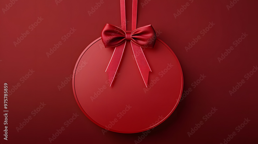 Poster blank red round sign hanging with red ribbon and bow isolated on dark red background minimal christm