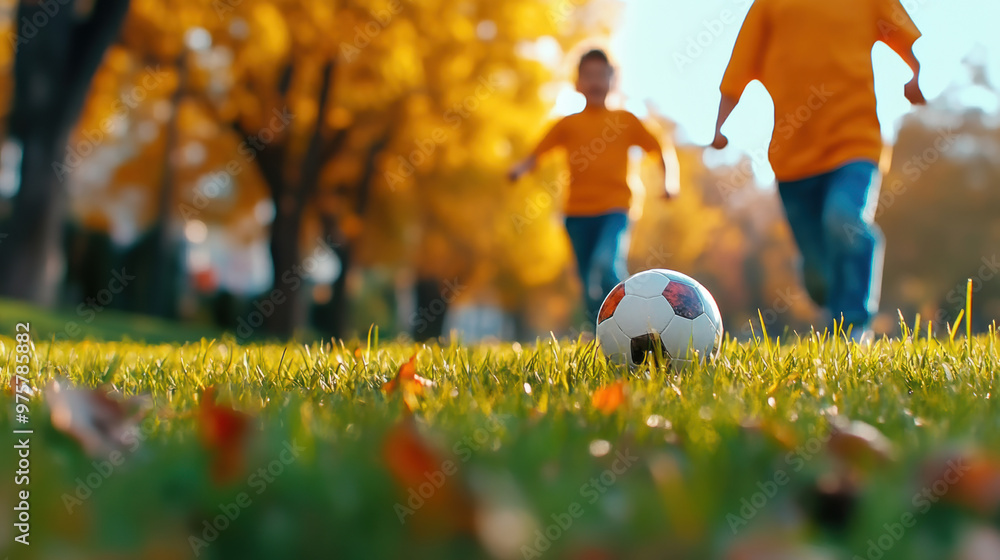 Poster Two boys in orange shirts running towards a soccer ball, AI