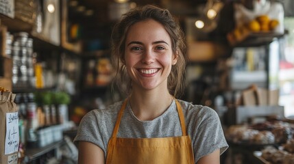 detailed look at a smiling woman wearing an apron working in a small shop with a focus on her friendly demeanor and the welcoming interior of a boutique or local store