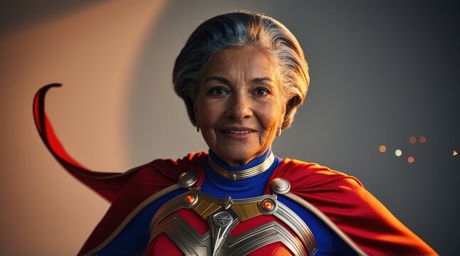 An elderly woman dressed as a superhero stands confidently with her cape flowing in a dynamic pose against a soft background