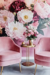  modern lounge area featuring plush pink velvet chairs, a sleek gold-accented table, and an oversized floral mural of peonies in muted pink and burgundy, creating a sophisticated yet cozy space