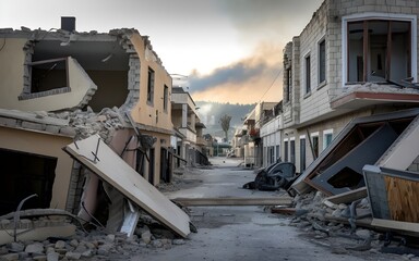 A destroyed town with collapsing structures after a war. There are buildings with holes, broken windows, and parts of the structure lying on the ground.