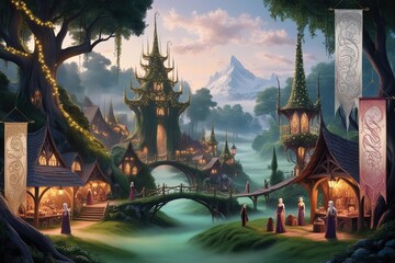 Fototapeta premium A breathtaking 3D-illustration of a serene elven village panorama
