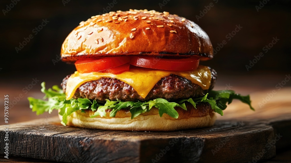 Wall mural Juicy homemade hamburger with fresh lettuce, tomatoes, and cheese, served on a rustic wooden board