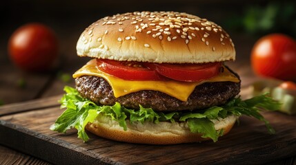 Juicy homemade hamburger with fresh lettuce, tomatoes, and cheese, served on a rustic wooden board