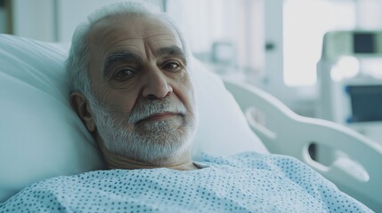 Obraz premium Middle Eastern Elderly Man Lying in Hospital Bed, Medical Care Scene, Health and Recovery, Patient Resting in Hospital