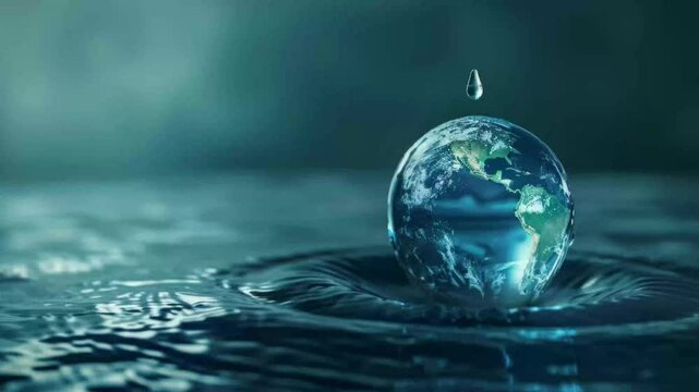 A highly detailed and realistic interpretation of the Earth as a drop of water suspended above a water surface with waves diverging from the point of impact. .