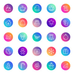 Christmas line vector icons on color gradient rounds isolated on white background. Christmas outline icon set for web and ui design