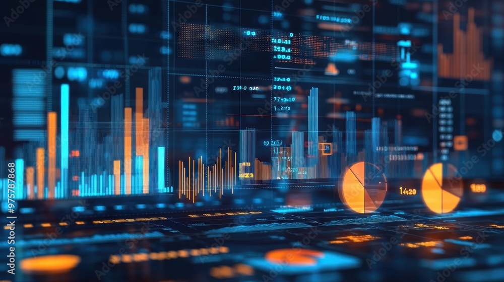 Poster abstract data visualization with orange and blue bars and pie charts