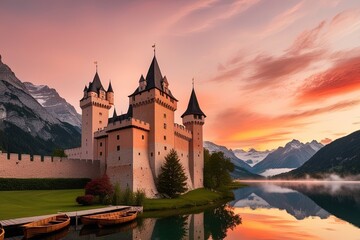 Fototapeta premium A breathtaking sunset in the mountains, viewed from the stone ramparts of a medieval castle, its towers and battlements bathed in a warm