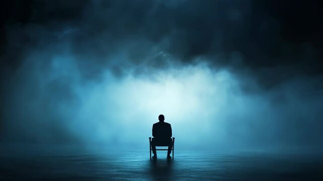 Desolate void. Infinite dark space. Eerie stillness. Otherworldly realm. Foggy atmosphere. Single chair. Seated figure. Central position. Deep blues. Misty grays. Ethereal glow. Hazy background. 