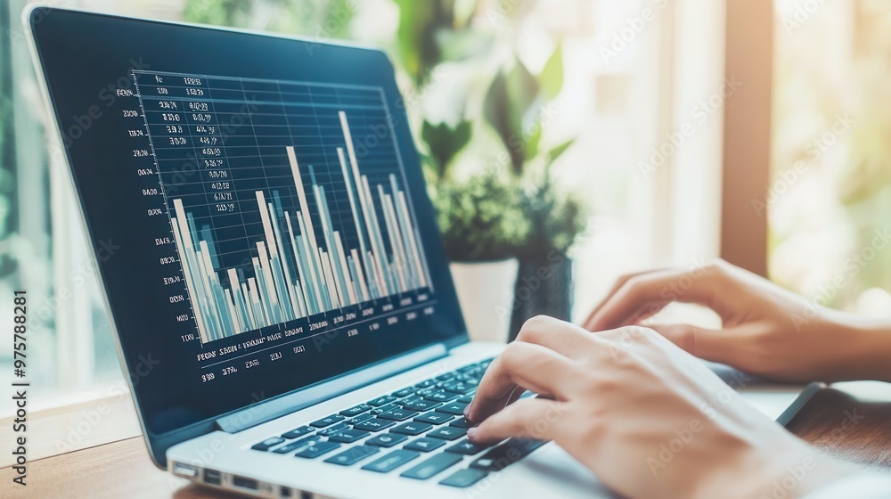 Poster analyzing data on laptop with bar graph