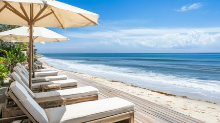 Obraz premium A beachside deck with chaise lounges, white sun umbrellas, and panoramic views of the ocean and sandy shore.