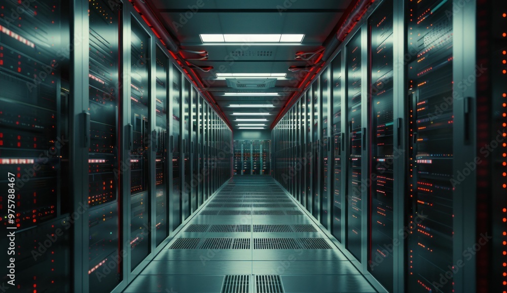 Poster modern data center hallway with rows of servers and illuminated panels