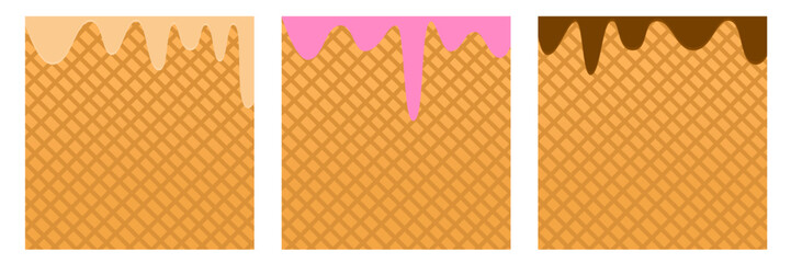 Set of waffle textures with dripping ice cream in vanilla, strawberry, and chocolate flavors. Perfect for dessert-themed designs, backgrounds, or food illustrations.