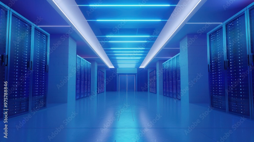 Poster a modern data center with illuminated blue lights creating a futuristic atmosphere servers line the 