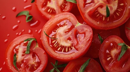 Sliced tomato, showing juicy interior with seeds and droplets, 3D illustration