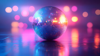 Close-up of a disco ball on a table with lights behind it.