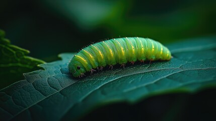 Fototapeta premium A vibrant green caterpillar crawls across a glossy dark green leaf, its tiny legs moving against the smooth surface in a close-up shot.