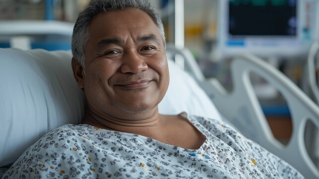Pacific Islander Man Recovering in Hospital Bed, Health and Wellness, Patient Care Concept, Medical Facility Context