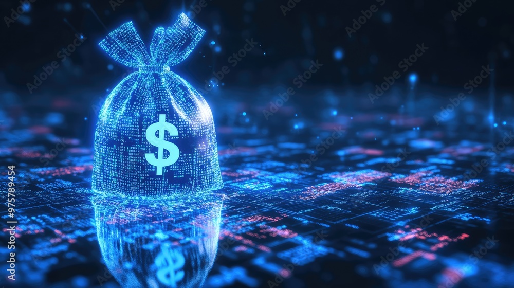 Poster a virtual money bag with a dollar sign floating above binary code, highlighting ai role in modern fi