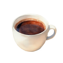 Watercolor black coffee in a white cup, showcasing rich dark tones and a simple, minimalist design, perfect for coffee lovers and cafe themes. Isolated on transparent background, png.