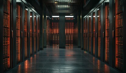 Dimly lit server room with illuminated racks showcasing a futuristic technology environment