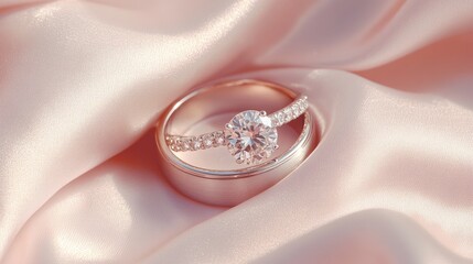 A diamond engagement ring and wedding band placed side by side on a silk fabric with soft lighting
