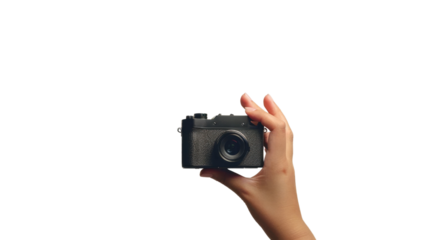 Hand is holding a camera on transparent background
