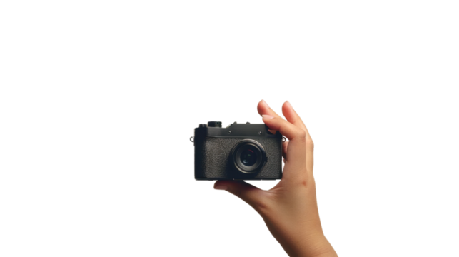 Hand is holding a camera on transparent background
