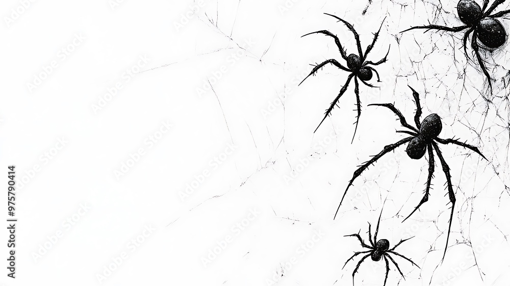 Poster intricate spider web design with black spiders and white background