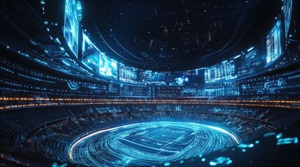 High-tech sports stadium with AI-driven gameplay analysis and interactive screens, offering spectators an immersive experience.