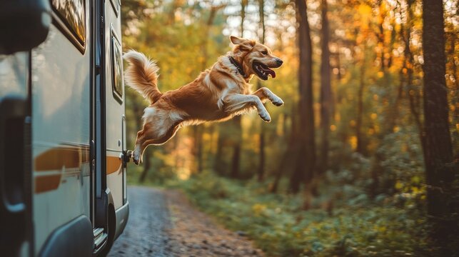A dog jumping out of the motorhome, eager to explore the surrounding woods and trails on a sunny day.