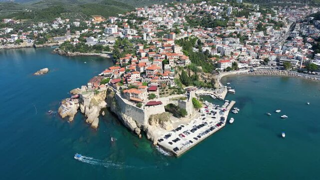 Aerial view of Ulcinj Old Town and the surrounding clear turquoise sea