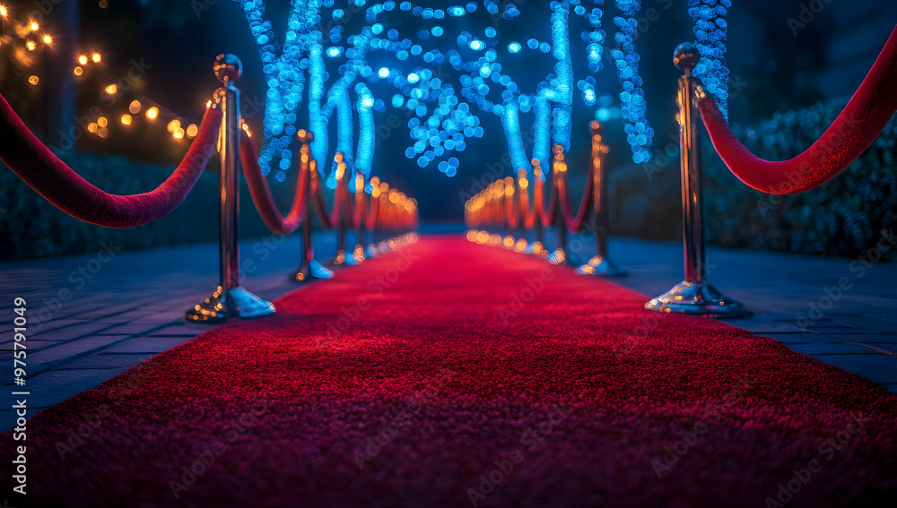 Poster a stunning red carpet pathway illuminated by twinkling blue lights, creating a luxurious and invitin
