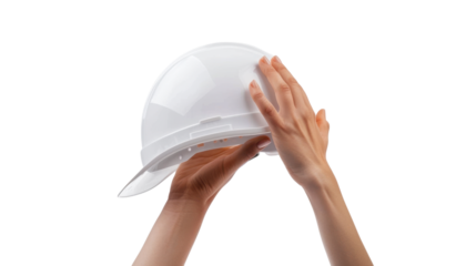 Hand holding helmet on transparent background