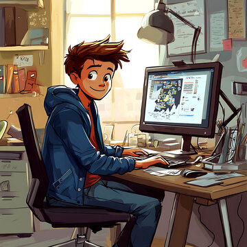 Teenage anime boy listening to music while using a computer in his room at night, with a view of the town outside the window and rain falling