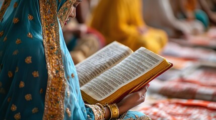Fototapeta premium detailed image of a woman reading a sacred text at a religious gathering highlighting the ceremony's spiritual significance and devotion