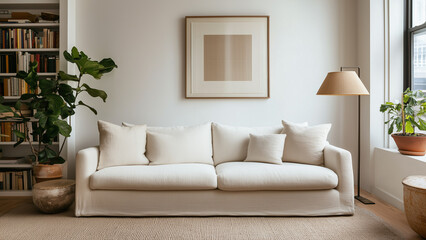 Fototapeta premium Urban Comfort: Manhattan Living Room with Soft Tones and Natural Light