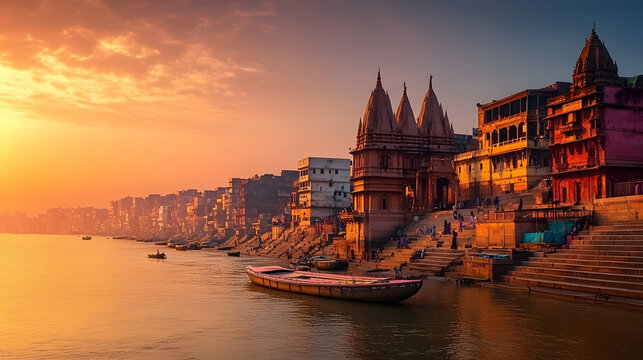 Varanasi city with ancient architecture. View of the holy Manikarnika ghat at Varanasi India at sunset, 