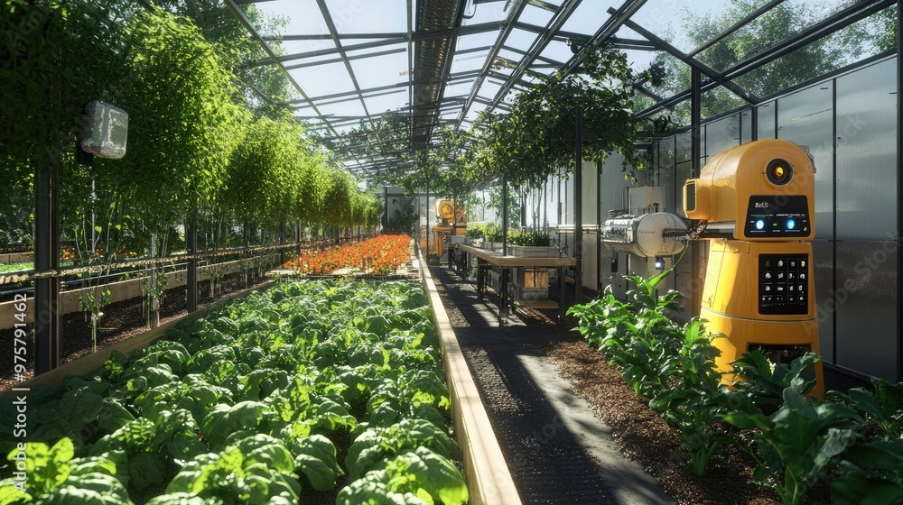 Poster high-tech urban farm featuring automated crop management and harvesting systems, using ai to optimiz