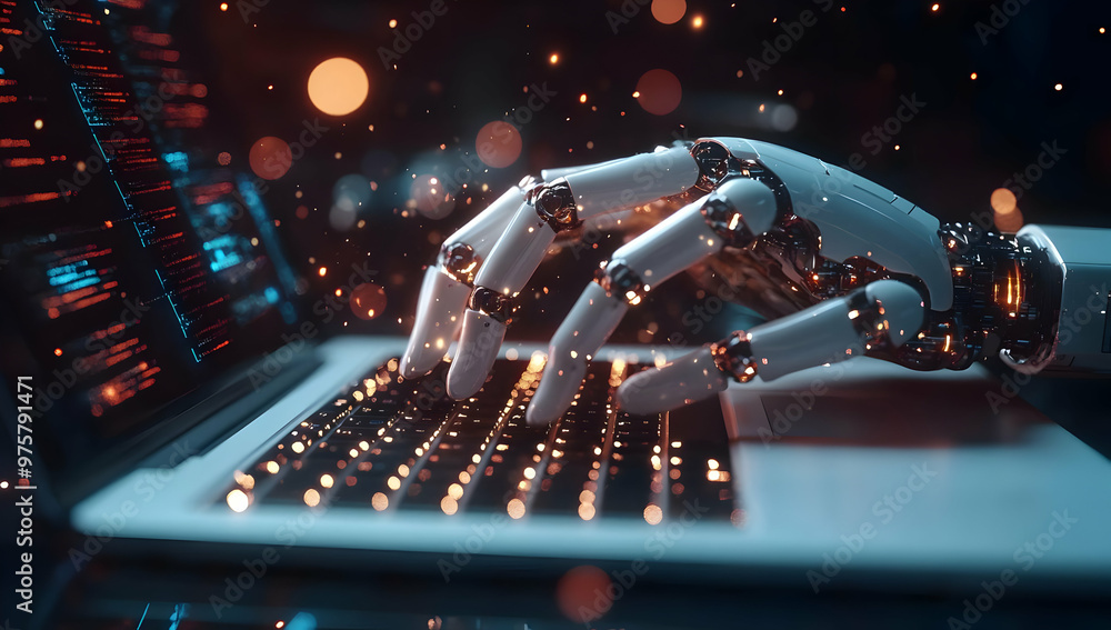 Poster a futuristic robot hand typing on a laptop, symbolizing advanced technology and artificial intellige