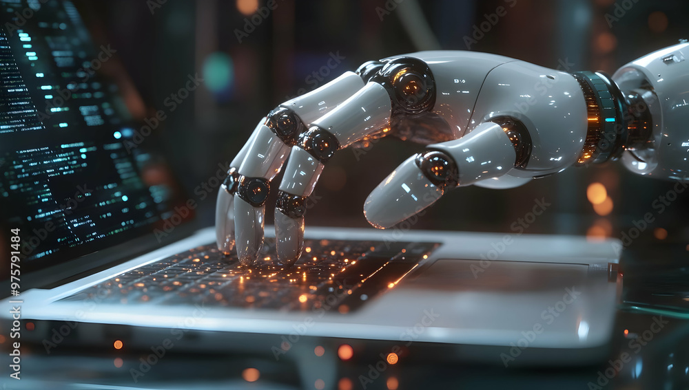 Poster a futuristic robotic hand interacts with a laptop, symbolizing advanced technology and artificial in