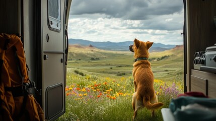 A dog standing in the open doorway of a motorhome, gazing out over a peaceful valley filled with wildflowers
