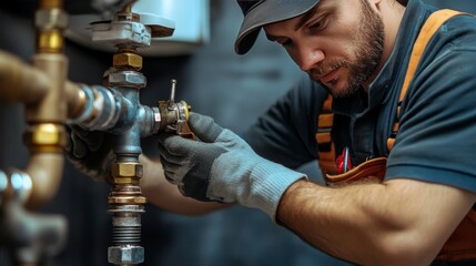 Naklejka premium A plumber working on a pipe system in a basement, adjusting a valve with a wrench.