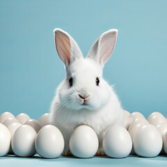 Fototapeta premium White Rabbit Surrounded by Easter Eggs on Blue Background, Signifying Joyful Easter Celebration