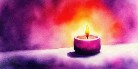 A tranquil purple candle flickers softly, casting serene shadows on a colorful background that evokes a calming ambiance in the twilight hours. Halloween background, copy space.