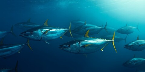 Fototapeta premium Shoal of Yellowfin Tuna Swimming Gracefully Underwater in Blue Ocean Depths