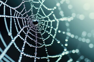 Halloween Background. A delicate web glistens with morning dew, showcasing intricate patterns in the soft light of dawn, revealing nature's artistry in a tranquil forest setting